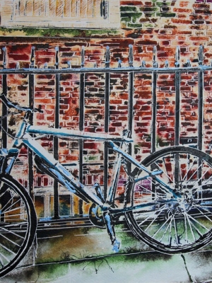 Alley Bike - ©2020 - Cathy Read - Watercolour and Acrylic ink- 40 x 50cm