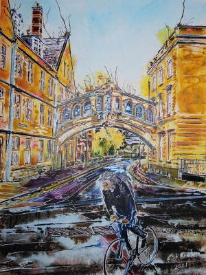 Hertford College, Oxford Bridge of Sighs - ©2021 - Cathy Read - 59.4 x 42.8 cm - Watercolour and acrylic ink