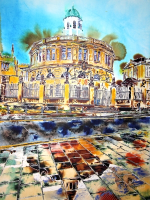 Sheldonian Theatre Reflected -  ©2021 - Cathy Read - Watercolour and Acrylic ink - 76 x 56 cm