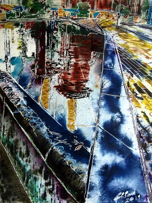 Battersea Reflections -©2019- Cathy Read  - Watercolour and Acrylic 50 x 40 cm