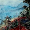 Picture of a London Bus painting with the Gherkin and London Skyline behine=d.Bus Queue - ©2015 - Cathy Read - Watercolour and Acrylic - 55x75 cm