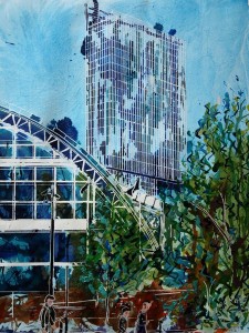 And early painting of Manchester including Central Station andvand Beetham Tower ©2011 Cathy Read Art- Vertical Aspirations-38 x 28cm - Mixed Media
