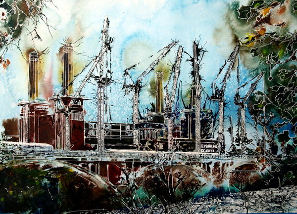 Battersea Power station painting image of the renovation of Battersea Reborn - ©2015-Cathy Read - Watercolour and Acrylic- 55x75cm - £1237