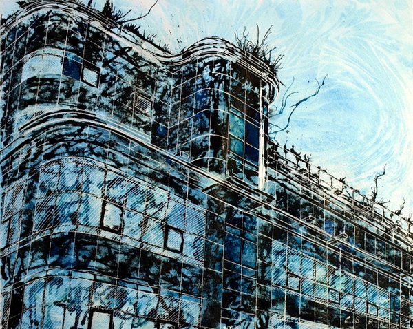 Express building painting, Manchester's iconic building on Great Ancoats Street. ©2012 - Cathy Read - Express- Mixed Media - 40x50cm