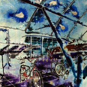 Painting of bike racks in Milton Keynes - Cycle Social -©2012 -Watercolour and acrylic ink - 50 x 40cm - £577