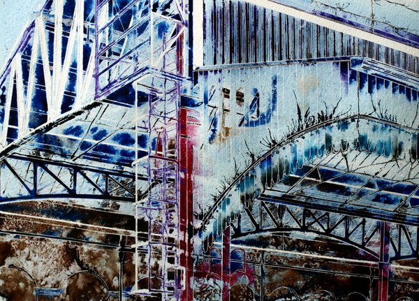 Painting of the roof over the platform at Marylebone StationThe Adventure Begins Here - ©2012 - Cathy Read - Mixed Media- 56x76cm