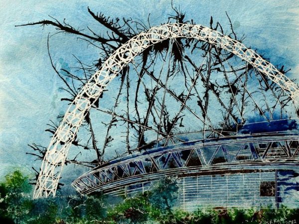 Painting of Wembley Stadium as seen from the railway Designer Stadium - Cathy Read - ©2012 -Watercolour and Acrylic ink- 40x50cm
