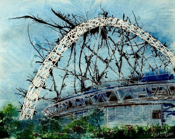 Painting of Wembley Stadium as seen from the railway Designer Stadium - Cathy Read - ©2012 -Watercolour and Acrylic ink- 40x50cm
