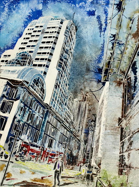 Painting of Gracechurch Street in London - Paved with Gold - ©2013 - Cathy Read - Watercolour and Acrylic - 38 x 28 cm - SOLD
