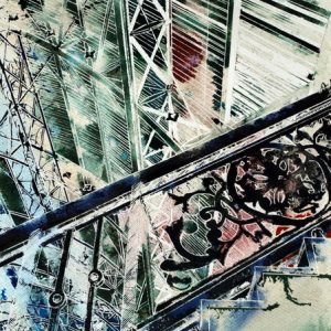 Painting of Detail of Stairs at Business Design Centre in London. Grand-Ascent - ©2014 - Cathy Read -Grand Ascent- Watercolour and Acrylic - 38 x 28 cm - SOLD