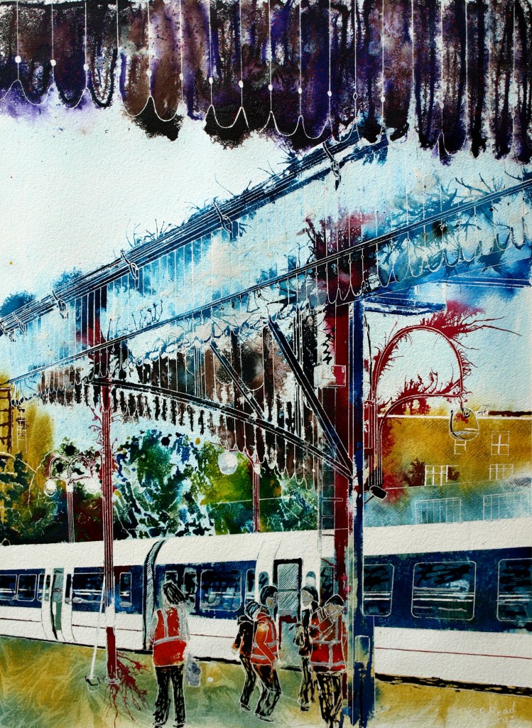 Asking questions about this Marylebone painting featuring the London Station in all its glory. ©2012 - Cathy Read - The journey begins- Mixed media -76x56cm