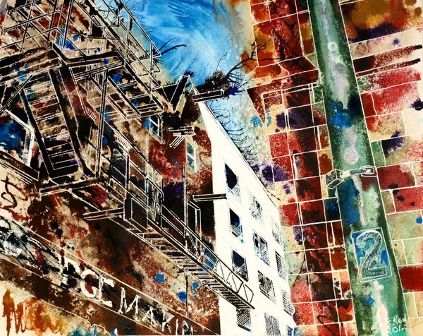 Painting of Fire Escape in Northern Quarter in ManchesterFire Escapes - ©2012 - Cathy-Read- watercolour andy acrylic ink-40x50cm