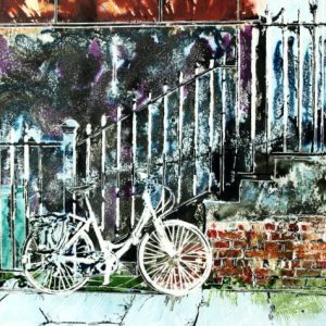 Urban art inspiration in a painting of a White bicycle glowing in the sunlight propped up against railings in Manchester. White Bicycle- ©2015 - Cathy Read -Watercolour and Acrylic - 40 x 50 cm
