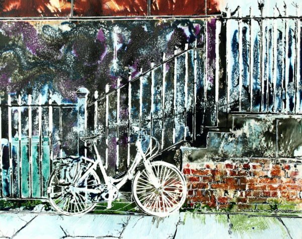 Urban art inspiration in a painting of a White bicycle glowing in the sunlight propped up against railings in Manchester. White Bicycle- ©2015 - Cathy Read -Watercolour and Acrylic - 40 x 50 cm