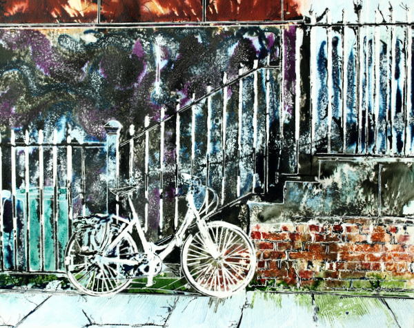 Painting of a White bicycle glowing in the sunlight propped up against railings in Manchester. White Bicycle- ©2015 - Cathy Read -Watercolour and Acrylic - 40 x 50 cm