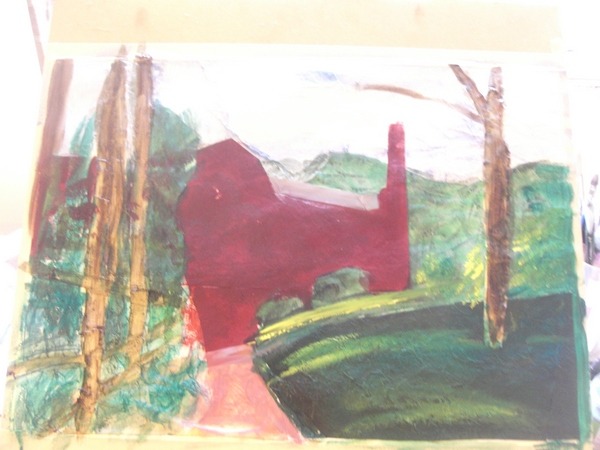 Collage painting of Quarry Bank Mill ©2012 - Cathy Read -Work in Progress  - Mixed media-41x58cm