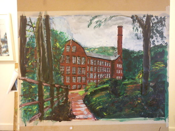 Collage painting of Quarry Bank Mill ©2012 - Cathy Read  Mixed media-41x58cm