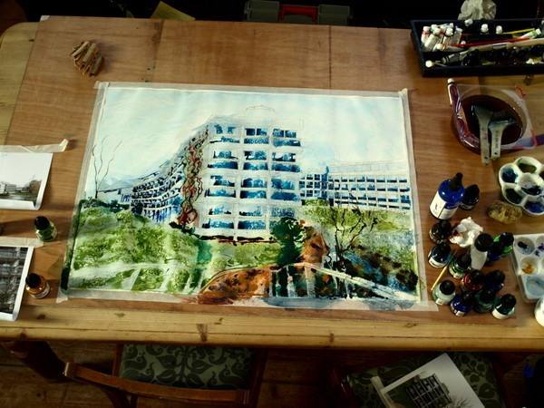 ©2013 - Cathy Read - Wolfson College Work in Progress- Watercolour and Acrylic- 75 x 55 cm