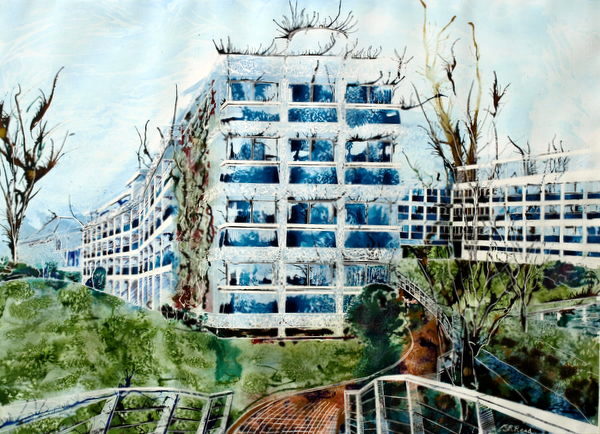 ©2013 - Cathy Read - Wolfson College from Cherwell - Watercolour and Acrylic- 75 x 55 cm