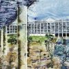 Painting of Wolfson College, Oxford - River Quad - ©2013 - Cathy Read - Watercolour and Acrylic- 75 x 55 cm