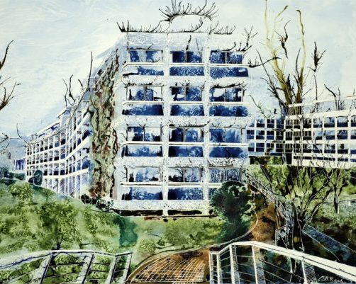 Wolfson College, Oxford - View from Rainbow Bridge ©2013 - Cathy Read - Watercolour and Acrylic- 75 x 55 cm