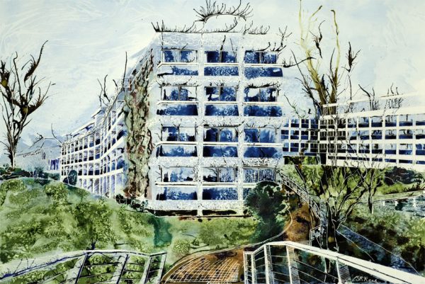 Wolfson College, Oxford - View from Rainbow Bridge ©2013 - Cathy Read - - Watercolour and Acrylic- 75 x 55 cm
