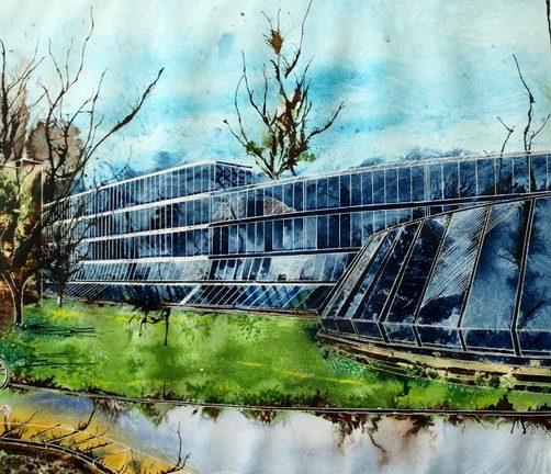 Keble College, Oxford - The Spaceship - ©2013 - Cathy Read - Watercolour and Acrylic - 55 x 75 cm