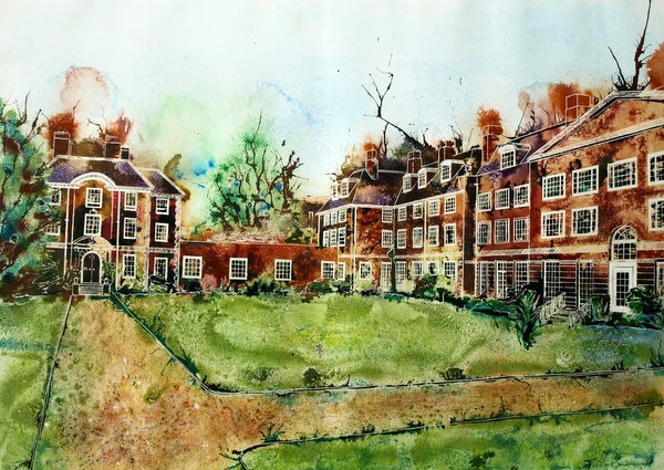 Painting of Lady Margaret Hall, Oxford - Toynbee and Deneke West ©2013 - Cathy Read - Watercolour and Acrylic - 55x75cm