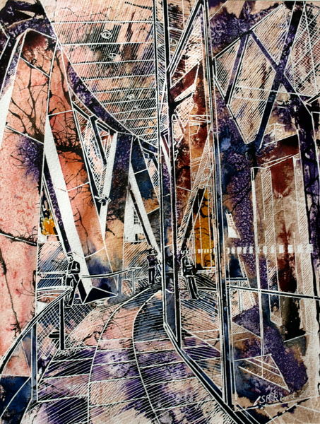 Under the Gherkin painting #GherkinPainting Painting of the #Gherkin in London©2013 - Cathy Read - Under the Gherkin - Watercolour and Acrylic - 38 x 28 cm