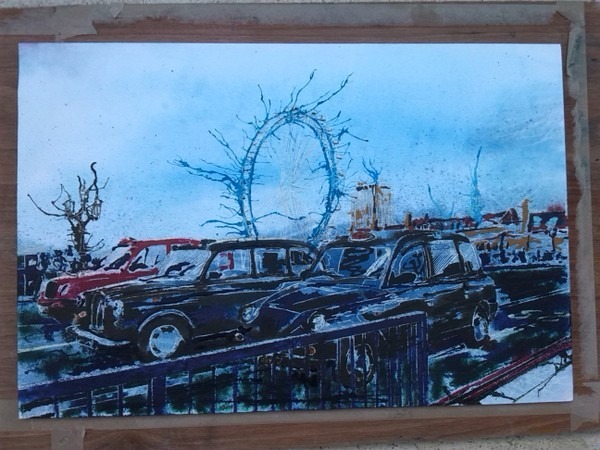 ©2014 - Cathy Read - Work in Progress - Taxis Marathon- Watercolour and Acrylic on paper on board -30 x 45 cm