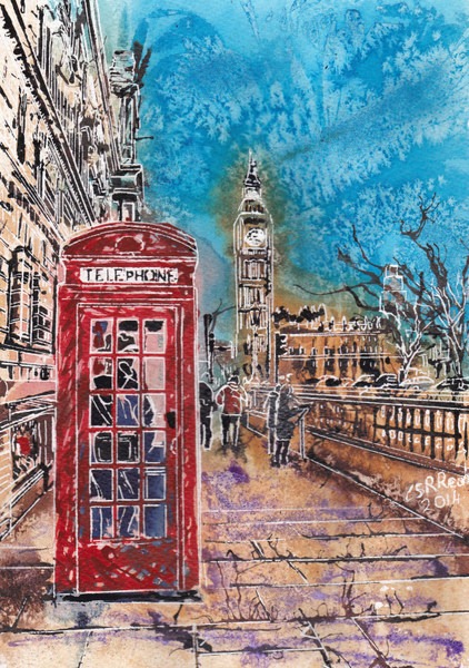 Painting of Parliament Square in London with Big Ben and a red phone box with people©2014 - Cathy Read - Hi Mum, Just Called to say...- Watercolour and Acrylic on paper-30 x 21 cm