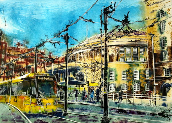 ©2015 - Cathy Read - Catching a tram from the Library - Watercolour and Acrylic -55 x 75 cm