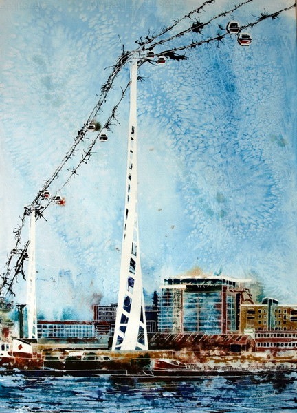 Painting of the cable car that crosses the Thames at Greenwich©2014 - Cathy Read - Flight over the Thames- Watercolour and Acrylic Ink - 75 x 55 cm