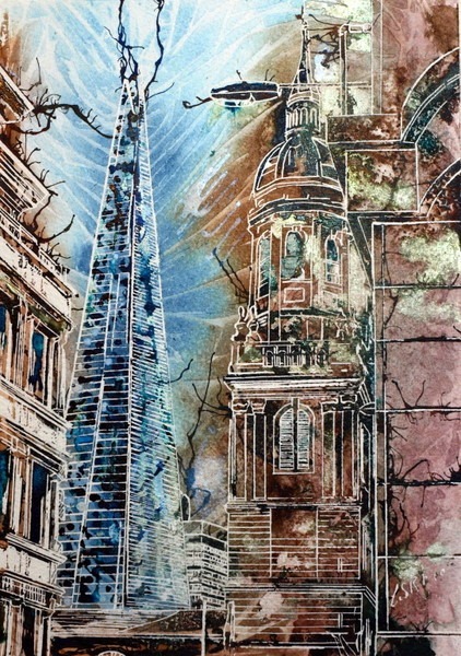 Painting of The Shard, #London #ShardPainting Hidden Shard ©2014-Cathy Read-Watercolour and Acrylic-29.7x21cm £180