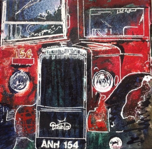 ©2014 - Cathy Read - Routemaster selfie - Watercolour and Acrylic on canvas - 20 x 20cm - (SOLD)