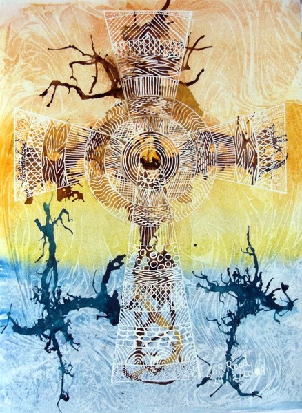 Abstract painting of a crossHe became sin for us - ©2009 Cathy Read - 38x28cm Mixed Media on paper
