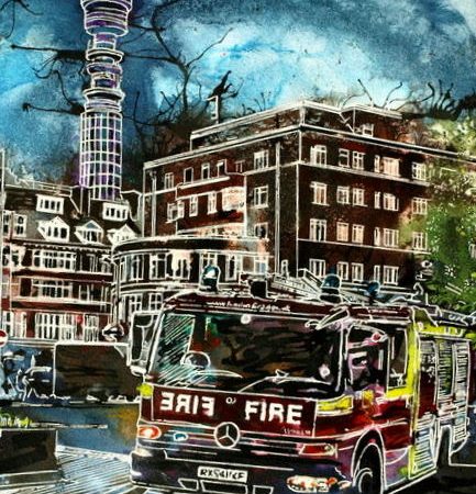 Fire engine painting, ©2015 - Cathy Read -Blues and Twos - Watercolour and Acrylic - 28x38cm 600