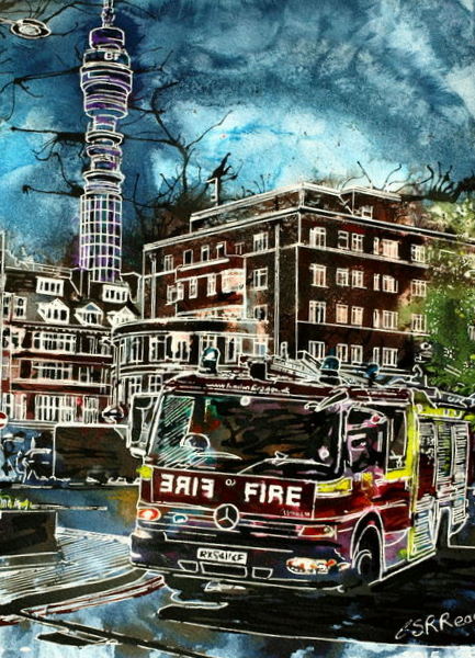 Fire engine painting, ©2015 - Cathy Read -Blues and Twos - Watercolour and Acrylic - 28x38cm 600
