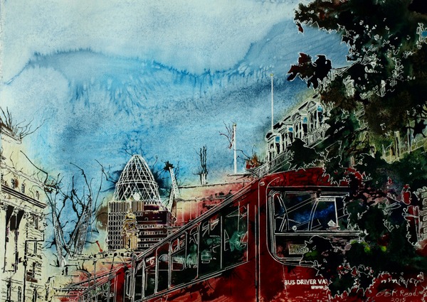 ©2015 - Cathy Read - Bus Queue - Watercolour and Acrylic  - 55x75 cm HR