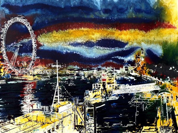 Painting of the Thames at night by Cathy Read, contemporary artist.