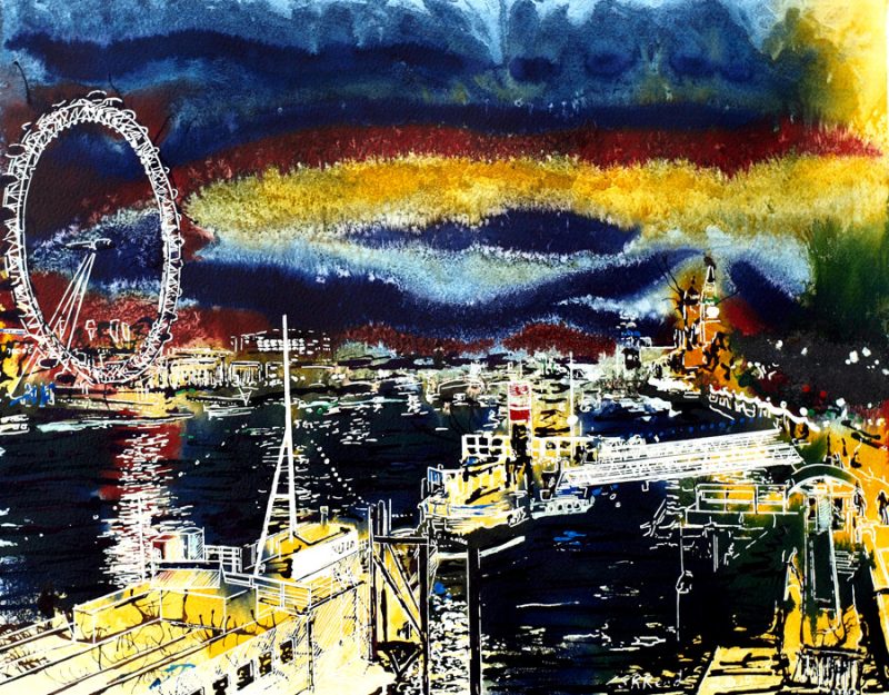 Painting of the Thames at night by Cathy Read, contemporary artist.