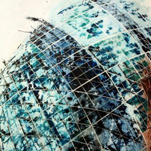 Painting of the Gherkin , Looking upwards and the curved glass architecture London©2012 - Cathy Read -Touching the sky - Mixed media-75x55cm