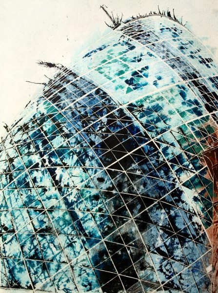 Painting of the Gherkin , Looking upwards and the curved glass architecture London©2012 - Cathy Read -Touching the sky - Mixed media-75x55cm
