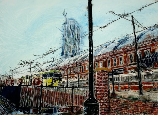 Painting of a tram coming into the tram stop by Manchester Central Station or GmexPiccadilly Bound - ©2015 - Cathy Read - Watercolour and Acrylic - 55 x 75cm