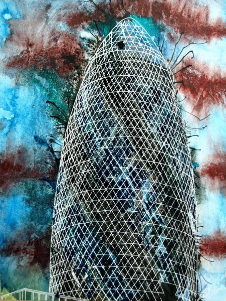 #GherkinPainting Painting of the #Gherkin in London ©2015 - Cathy Read - Gherkin- Watercolour and Acrylic ink - 40.5x30.5cm