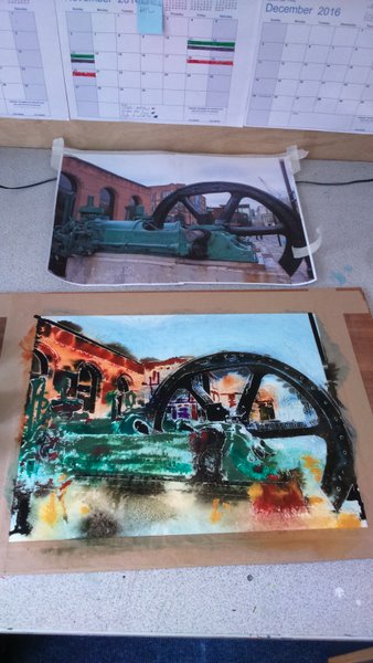 Painting of Crossley engine in progress. Painting by Artist Cathy Read