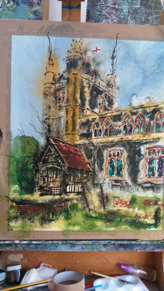 ©2016-Cathy Read- Beaconsfield Church WIP 2- 50x40cm - Watercolour and Acrylic ink