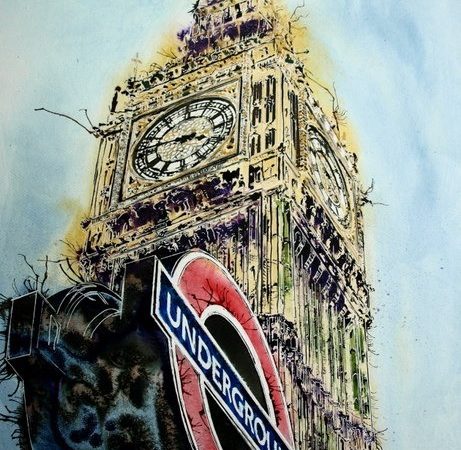 ©2016 - Cathy Read - London Icons Watercolour, acrylic ink and gold leaf - 75 x 55 cm