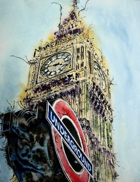 ©2016 - Cathy Read - Big Ben (Working title) Watercolour, acrylic ink and gold leaf - 75 x 55 cm -£1000