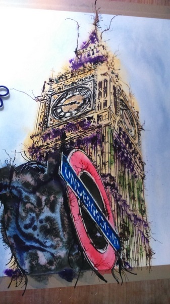 ©2016 - Cathy Read - Big Ben (Working title) Work in Progress detail - Watercolour, acrylic ink and gold leaf - 75 x 55 cm